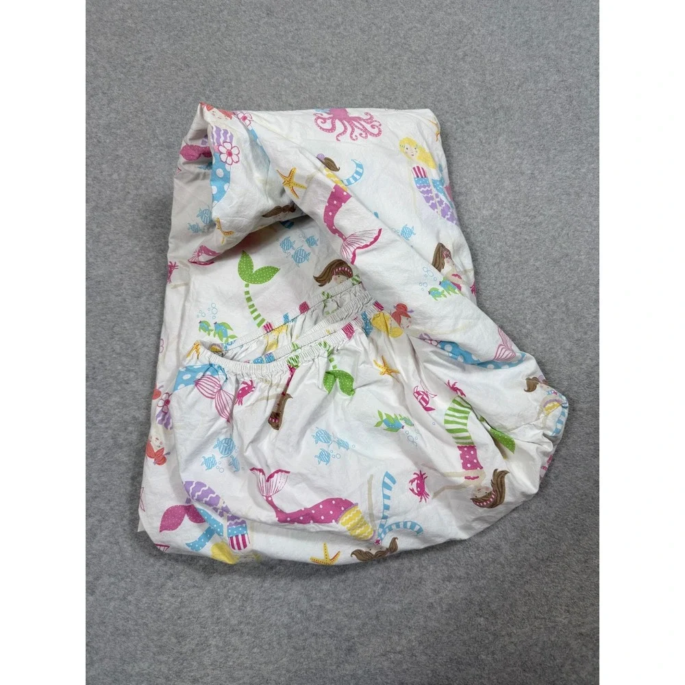 Pottery Barn Kids Twin Mermaid Sheet Set 100% Organic Cotton Flat & Fitted White